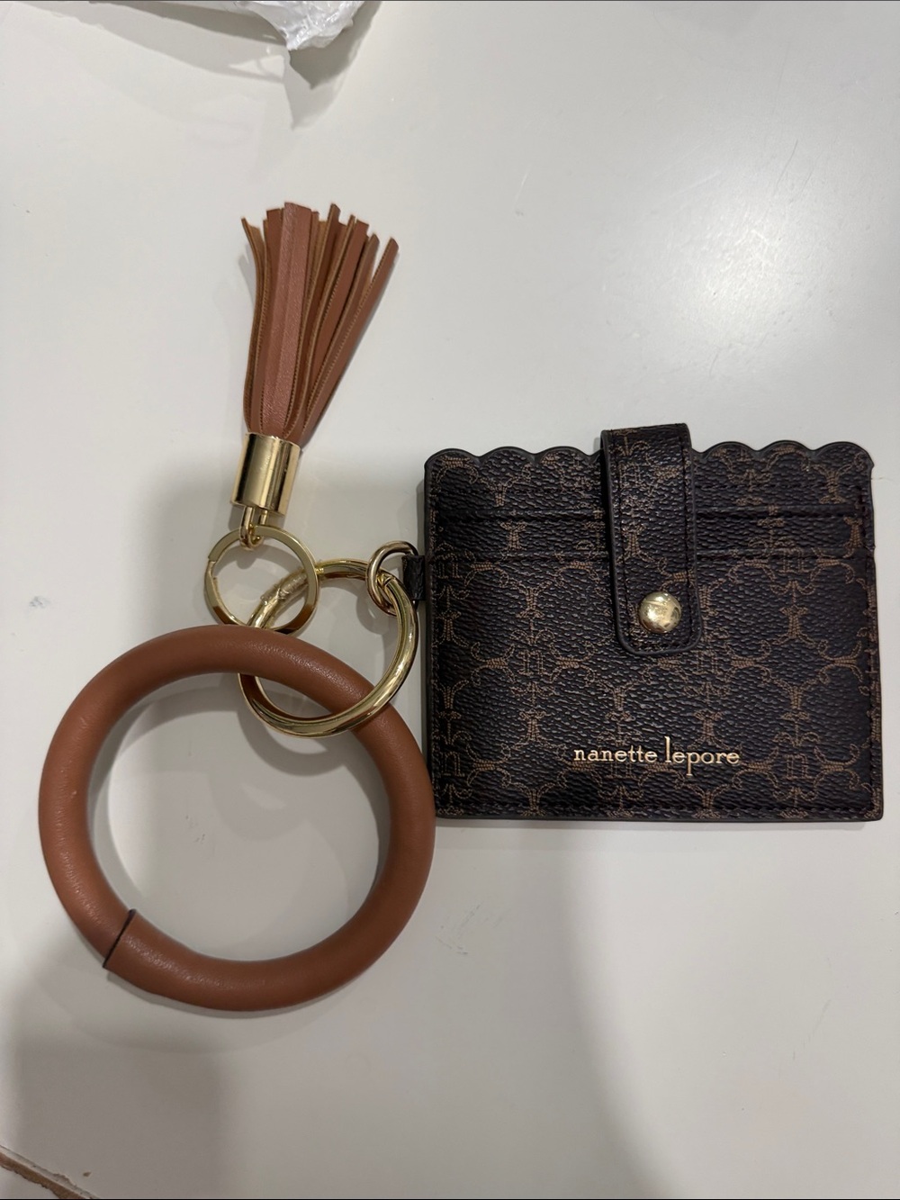 NWOT Nanette Lepore Brown Monogram Card Holder Keyring with Tan Tassel and Ring